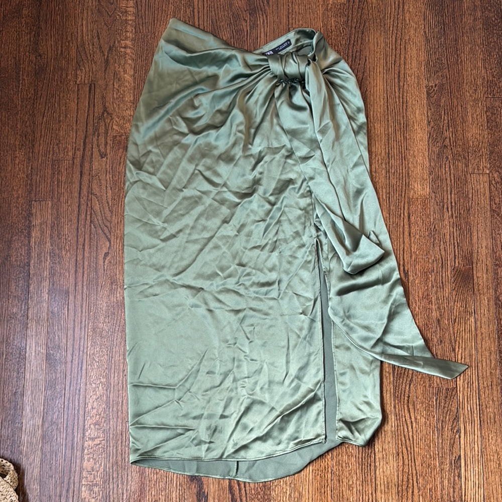 Zara Elegant Olive Green Satin Skirt